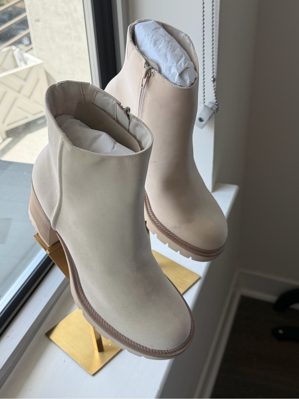 MIA Cream Suede Ankle Boots Lug Sole Block Heel NWOT